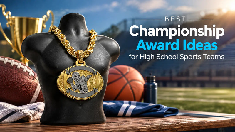 Championship award chain displayed for high school sports teams with football and basketball gear