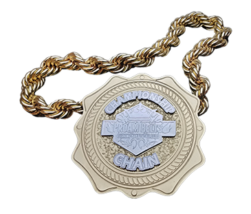 Gold chain with a decorative metal tag 