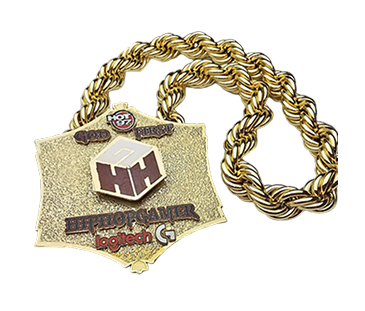 Gold chain with a decorative pendant featuring logos