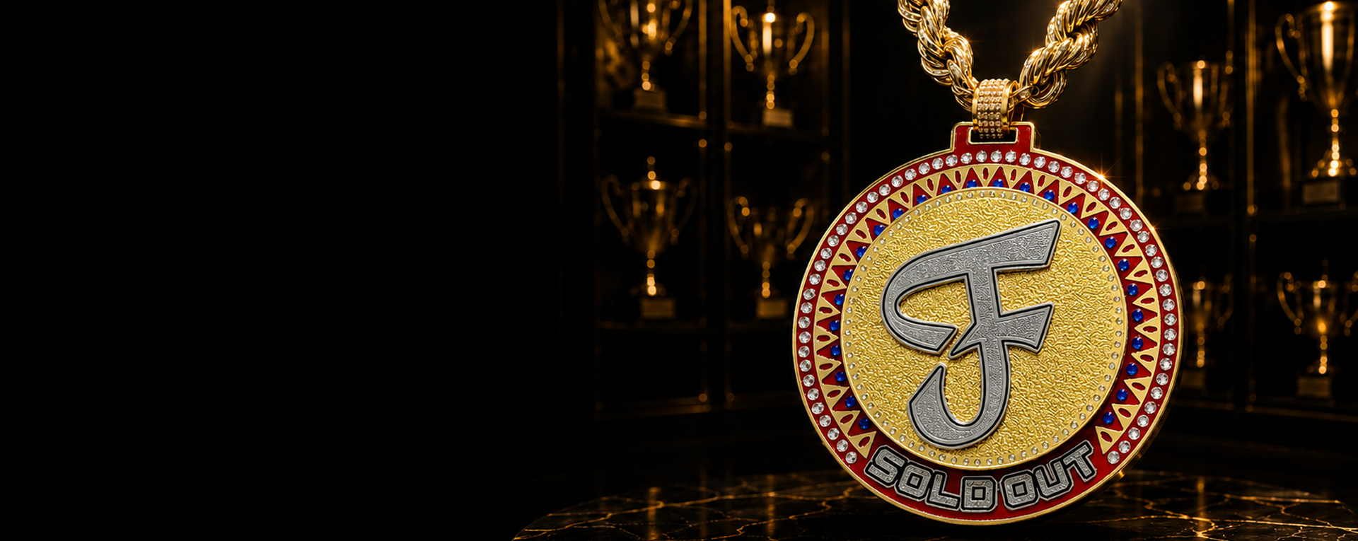 A gold-colored circular pendant necklace 