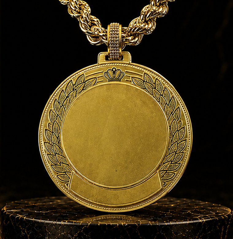 A gold pendant necklace with a blank circular medallion design 