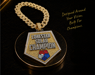 A gold-toned pendant necklace hexagonal with the words 'LONESTAR SOLAR CHAMPION' 
