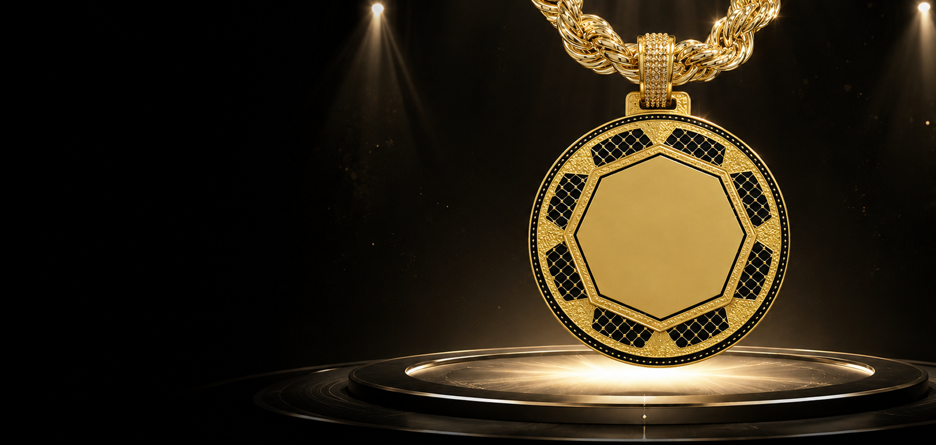 Gold necklace with a prominent pendant 