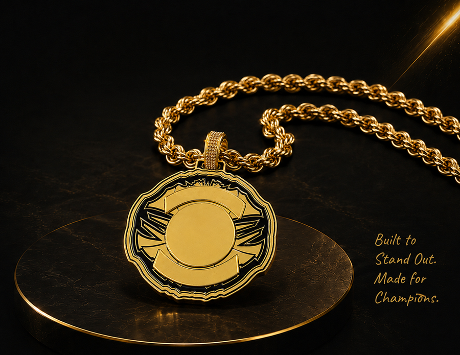 Gold necklace with a medallion on a dark surface